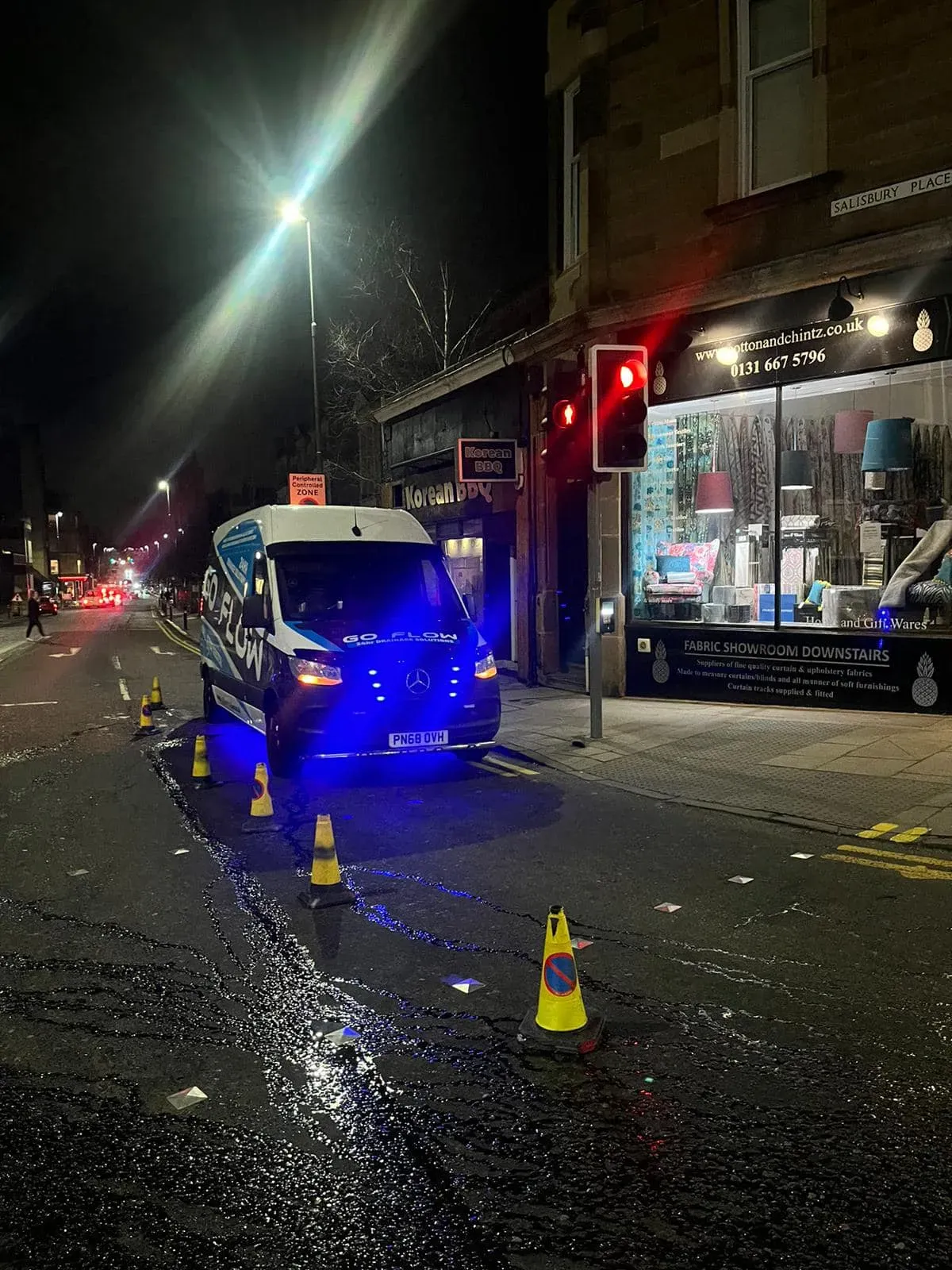 Go-Flow van at a drainage emergency scene at night